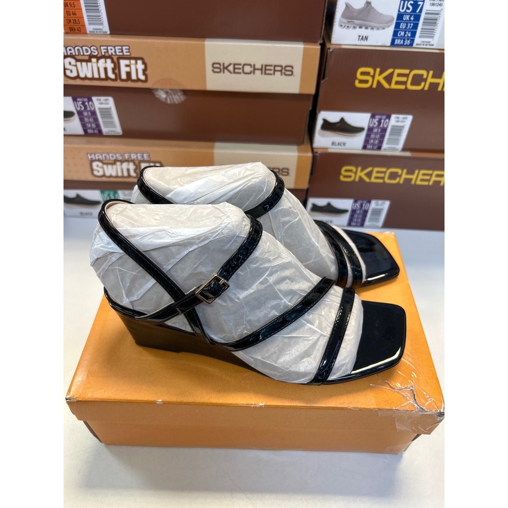 Unisa Wedge Sandals Women 6.5 Black Patent Strappy Square Toe 106-0956 0665 - Picture 3 of 4